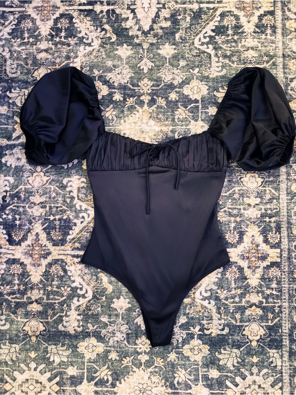 Black Puff Sleeve One-Piece Silk Bodysuit